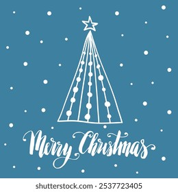 Christmas tree hand drawn doodle vector illustration, Merry Christmas hand written lettering, holiday card.