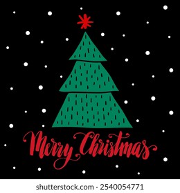 Christmas tree hand drawn doodle vector illustration, Merry Christmas hand written lettering, holiday card.