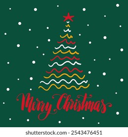 Christmas tree hand drawn doodle vector illustration, Merry Christmas hand written lettering, holiday card.