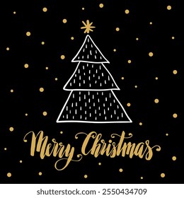 Christmas tree hand drawn doodle vector illustration, Merry Christmas hand written lettering, holiday card.