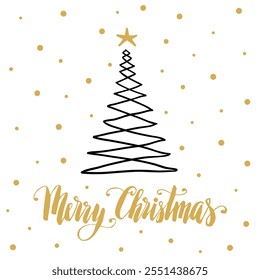 Christmas tree hand drawn doodle vector illustration, Merry Christmas hand written lettering, holiday card.