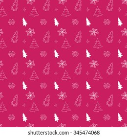 Christmas tree hand drawn doodle Vector seamless pattern, new year background.