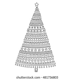 Christmas tree. Hand drawn doodle christmas spruce with stars, hearts and decorative ornament. Simple design for coloring page. Anti-stress outline picture for kids and adult. Isolated. 