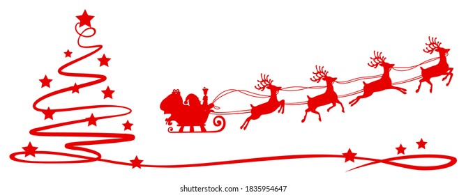 Christmas tree hand drawn with flyin Santa Claus and stars in red color - stock vector