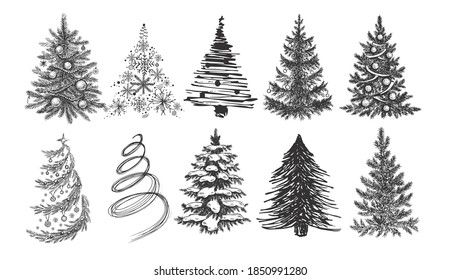 Hand Drawn Christmas Tree Color Vector Illustrations Set. Abstract Pines  Sketches Collection. Winter Holiday Engraving Style Drawings. Isolated  Stock Vector by ©createvil 507459088