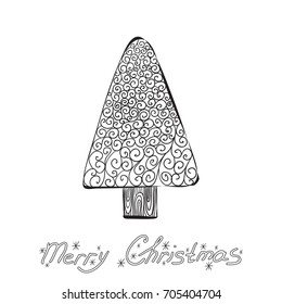 Christmas Tree. Hand drawn illustration. Freehand sketch for adult anti stress coloring book page with doodle and zentangle elements.