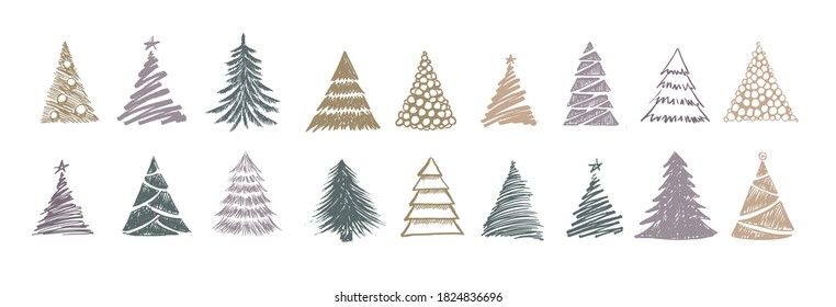 Christmas tree hand drawn illustrations. Vector.	