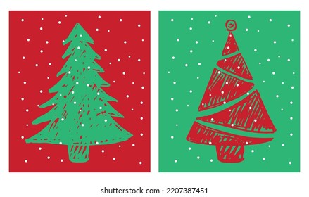 Christmas tree hand drawn illustrations. Vector.	
