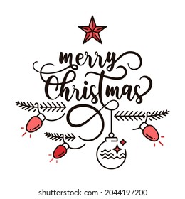 Christmas tree. Hand drawn lettering calligraphy for greetings card with text merry Christmas. Winter holidays. Black and red background. 