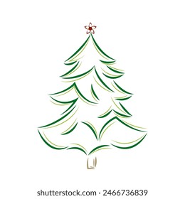 Christmas tree. Hand drawn line drawing isolated on white background. Green ink vector illustration. Abstract vector line. Modern brush calligraphy.