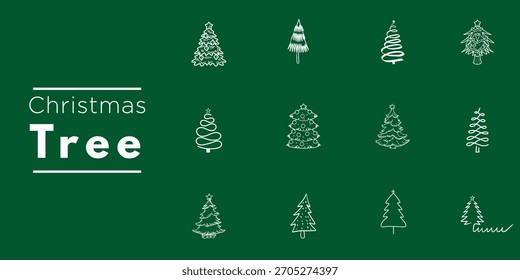 Christmas Tree Hand Drawn Line Art Vector Set - Festive Holiday Pine Sketch Doodle Outline Icon Collection, Winter Xmas Blue White Elegant Minimalist Design Template for Greeting Card Illustration