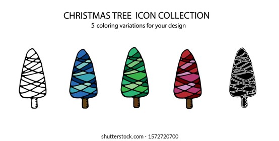 Christmas tree -hand drawn multi color line icon set . Isolated stock vector on white background, black, red, blue, green, white lines. Doodle style for prints, mugs, postcards, t shirt, invitations.