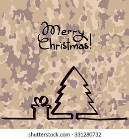 Christmas tree, hand drawn one line at camouflage background