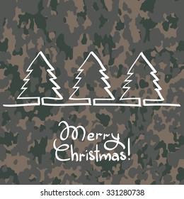 Christmas tree, hand drawn one line at camouflage background