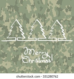 Christmas tree, hand drawn one line at camouflage background