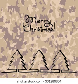Christmas tree, hand drawn one line at camouflage background
