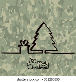 Christmas tree, hand drawn one line at camouflage background