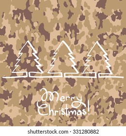 Christmas tree, hand drawn one line at camouflage background