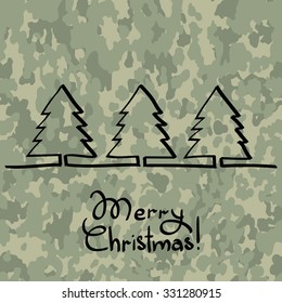 Christmas tree, hand drawn one line at camouflage background