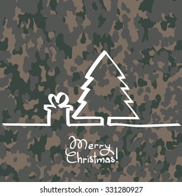 Christmas tree, hand drawn one line at camouflage background