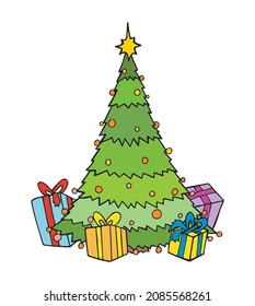 Christmas tree hand drawn outline illustration greeting. Single colored tree with star on top and gifts underneath simple pen drawing. Warm new year holiday plant and winter natural decoration logo.