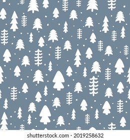 Christmas tree hand drawn seamless pattern. Vector Scandinavian winter forest print. New Year, holidays gray texture with fir tree for fabric design, decor, gift wrap paper, background, textile