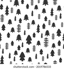 Christmas tree hand drawn seamless pattern. Vector Scandinavian winter forest print. New Year, holidays black and white texture with fir tree for fabric design, gift wrap paper, background, textile