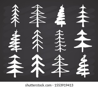Christmas tree Hand drawn set. Pine trees collection vector Illustration on chalkboard background.