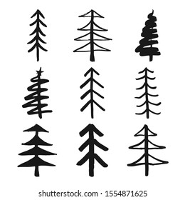 Christmas tree Hand drawn set. Pine trees collection vector Illustration isolated on white background.