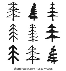 Christmas tree Hand drawn set. Pine trees collection vector Illustration isolated on white background.