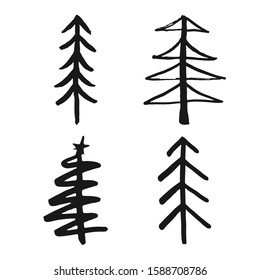 Christmas tree Hand drawn set. Pine trees collection vector Illustration isolated on white background.