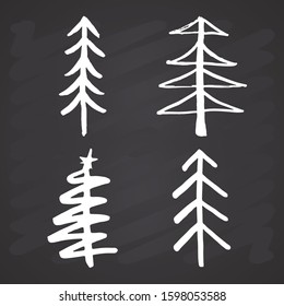 Christmas tree Hand drawn set. Pine trees collection vector Illustration on chalkboard background.