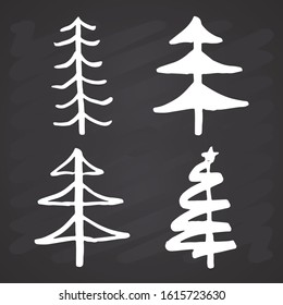 Christmas tree Hand drawn set. Pine trees collection vector Illustration on chalkboard background.
