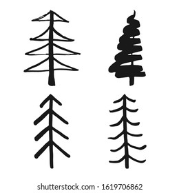 Christmas tree Hand drawn set. Pine trees collection vector Illustration isolated on white background.