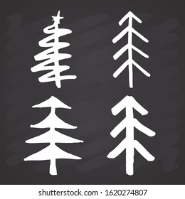 Christmas tree Hand drawn set. Pine trees collection vector Illustration on chalkboard background.