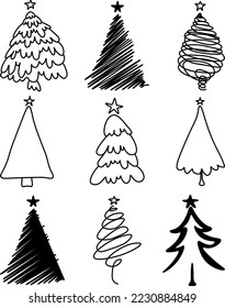 ilustración de conjunto dibujada a mano por el árbol de navidad