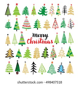 Christmas tree hand drawn set. Vector illustration.