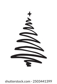 Christmas tree hand drawn silhouette. One line brush stroke clip art. 