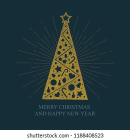 Christmas tree. Hand drawn Christmas tree with stripes and rays.
New Year and Christmas greeting card vector design.