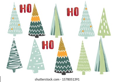 Christmas tree hand drawn naïve style pattern. Holiday christmas background vector print surface.