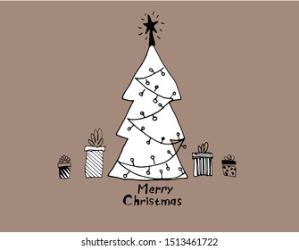 Christmas tree hand drawn vector illustration. Festive pine isolated on taupe background. New Year item doodle drawing. Merry Xmas greeting card, postcard, banner, poster design idea