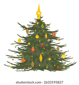 Christmas tree hand drawn vector illustration. Decorated green fir tree with ornaments, Xmas star, balls and lights. Happy New Year concept. Isolated art on white background