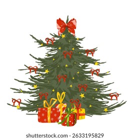 Christmas tree hand drawn vector illustration. Decorated green fir tree with gift boxes, Xmas stars, ribbons, trendy bow. Happy New Year concept. Isolated art on white background