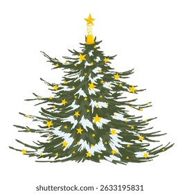 Christmas tree hand drawn vector illustration. Decorated green fir tree with snowy branches  and Xmas stars. Happy New Year concept. Isolated art on white background