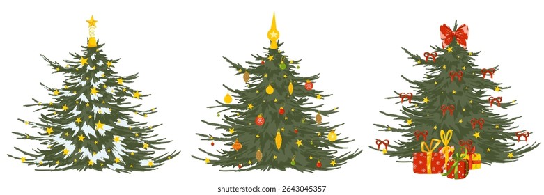 Christmas tree hand drawn vector illustration set. Decorated green fir trees with ornaments, Xmas star, presents, balls, bows and lights. Happy New Year concept. Isolated art on white background