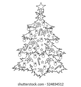 Christmas tree hand drawn vector cartoon. Happy new year. Holiday illustration Xmas. Doodle style. Merry Christmas. Logo, print, stamp, patch, design, wallpaper, textile, paper, decor, art. Eps10.