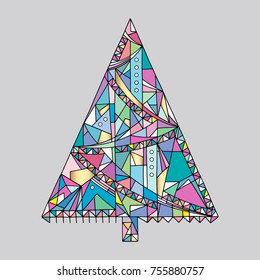 Christmas tree hand drawn vector illustration. Abstract Happy New Year background. Winter holidays Xmas card.