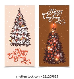 Christmas tree hand drawn vertical banner set isolated vector illustration