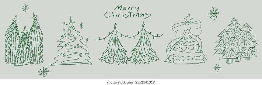 Christmas tree hand drawn whimsical line art element for party Invitations, card and more. Doodle icons, Vector Illustrations