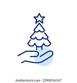 Christmas tree in hand. Winter holiday decorations and gifts. Pixel perfect icon